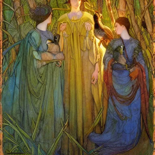 Image similar to the queen of the forest with her birds, by Annie Swynnerton and jean delville and Nicholas Roerich and Tino Rodriguez, elaborately costumed, rich color, dramatic cinematic lighting, extremely detailed