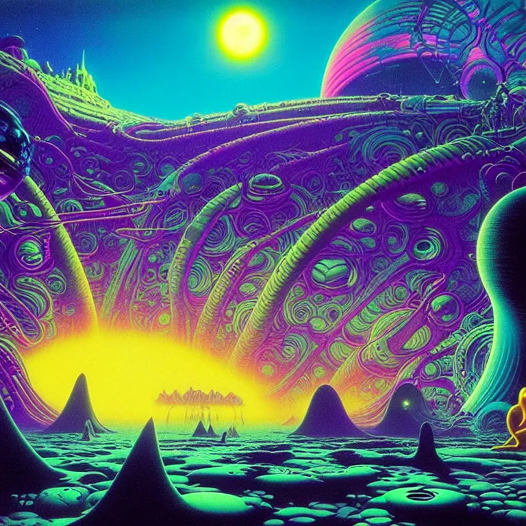 Image similar to beautiful aliens at cosmic beach, infinite waves, synthwave, bright neon colors, highly detailed, cinematic, tim white, roger dean, michael whelan, vladimir kush, jim burns, bob eggleton, philippe druillet, kubrick, aubrey beardsley, alfred kelsner, boris vallejo