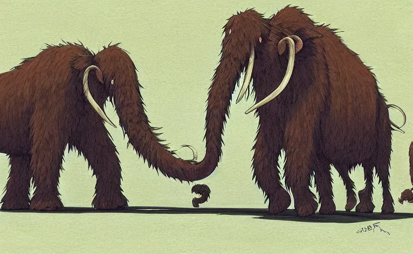 Image similar to a realistic cell - shaded studio ghibli concept art from paprika ( 2 0 0 6 ) of a giant wooly mammoth. very dull colors, wide shot, hd, 4 k, hq