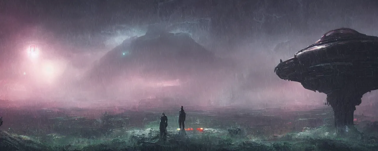 Image similar to ” atmospheric alien landscape, [ rain, cinematic, detailed, epic, widescreen, opening, establishing, mattepainting, photorealistic, realistic textures, octane render, art by slop and paul lehr ] ”