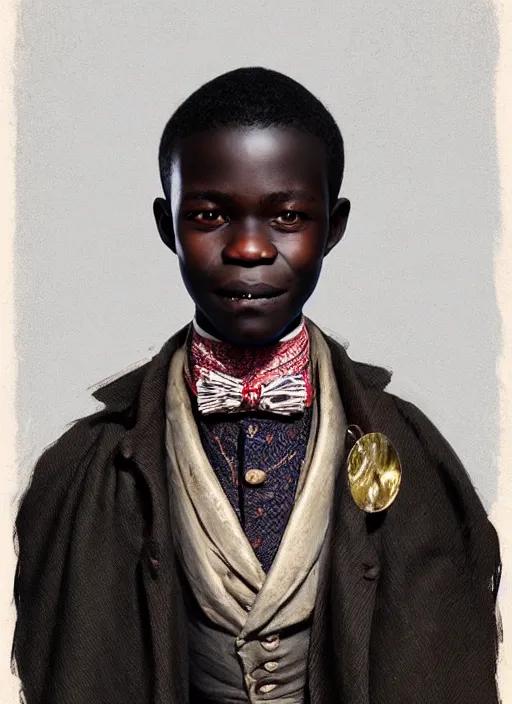 Image similar to a portrait of an african boy with a crooked nose in victorian clothing, confident pose, intricate, elegant, sharp focus, illustration, highly detailed, concept art, matte, trending on artstation, anime, art by james jean and artgerm and brian despain and alberto mielgo, greg rutkowski, wlop, ilya kuvshinov, strong strokes