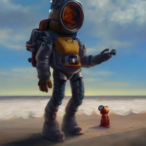 Image similar to atronaut on a hammoc on a beach, oil painting, artstation, dramatic lighting,, beautiful