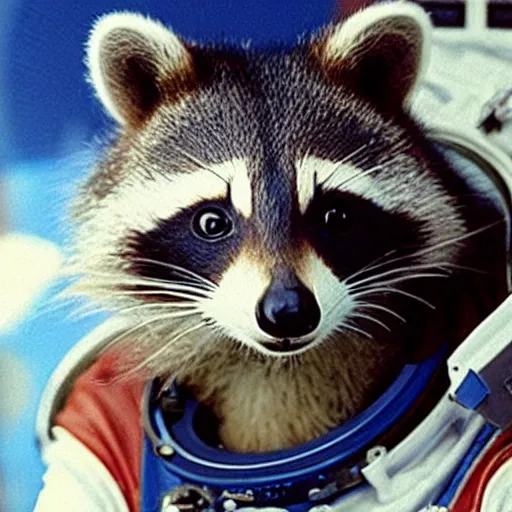 Image similar to the first racoon in space, historic picture, 8k, future, space suit