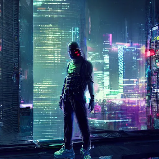 Image similar to highly detailed portrait of a cyberpunk hacker in front of a futuristic bangkok skyline by wadim kashin