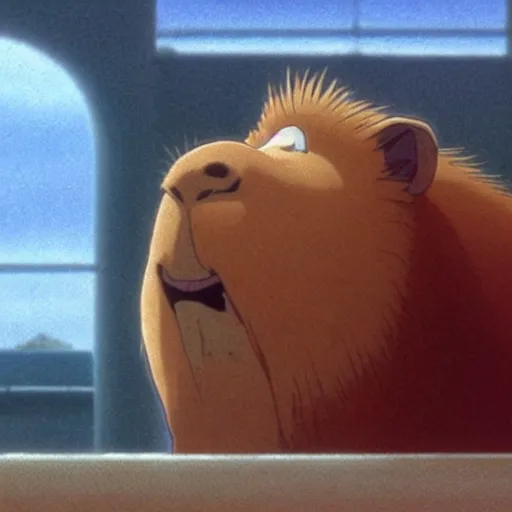 Image similar to the scene of a capybara sitting in a steaming bathtub in the animated movie spirited away by hayao miyazaki, studio ghibli, animated movie, anime, beautiful
