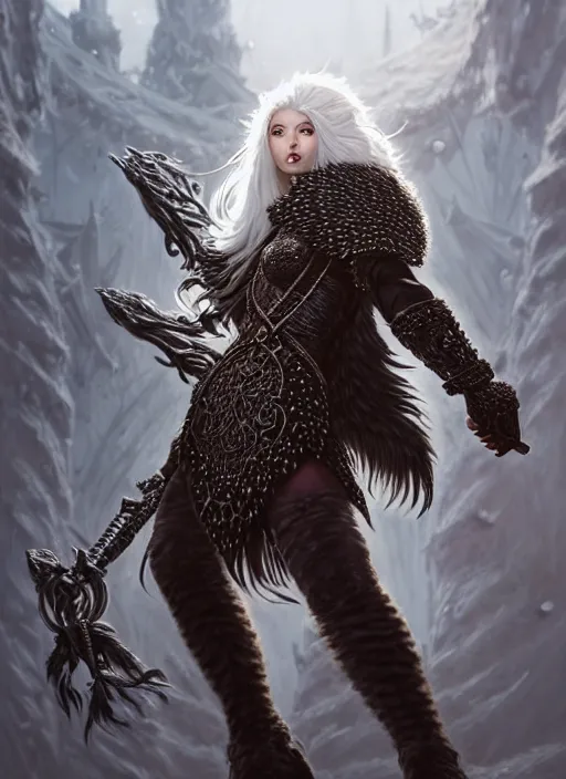 Image similar to fur coated armor!!! long wild white hair!! covered chest!!! fantasy, d & d, intricate ornate details, symmetry, concept art, sharp focus, illustration, art by artgerm! greg rutkowski magali villeneuve wlop! ilya kuvshinov!!, octane render, unreal engine 5, highly rendered!!