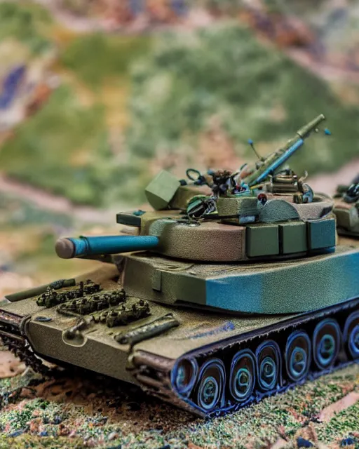 Image similar to high quality presentation photo of a detailed miniature diorama of a tank battle with miniature soldiers, photography 4k, f1.8 anamorphic, bokeh, 4k, Canon, Nikon