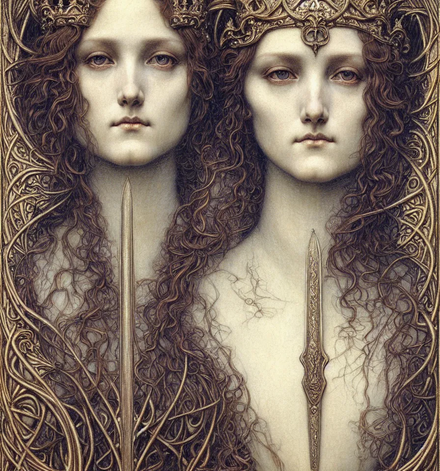 Image similar to detailed realistic beautiful young medieval queen face portrait by jean delville, gustave dore and marco mazzoni, art nouveau, symbolist, visionary, gothic, pre - raphaelite. horizontal symmetry