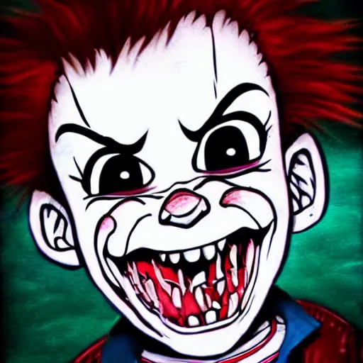 Image similar to grunge drawing of a happy chucky in the style of loony toons | horror themed | pennywise style
