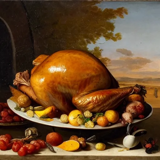 Image similar to roast turkey in still life. dutch masters, 1 8 th century. oil on canvas. juicy, fresh, delicious, mouth - watering