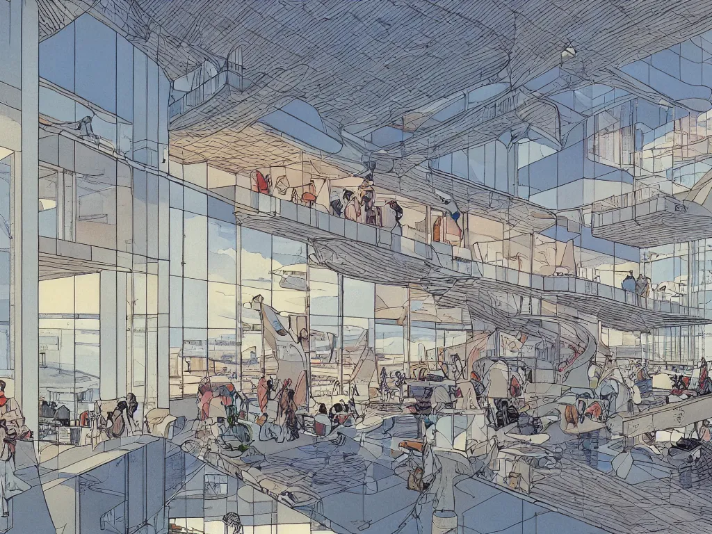 Prompt: community of people living in large airport with tall windows, looking at the horizon. moebius