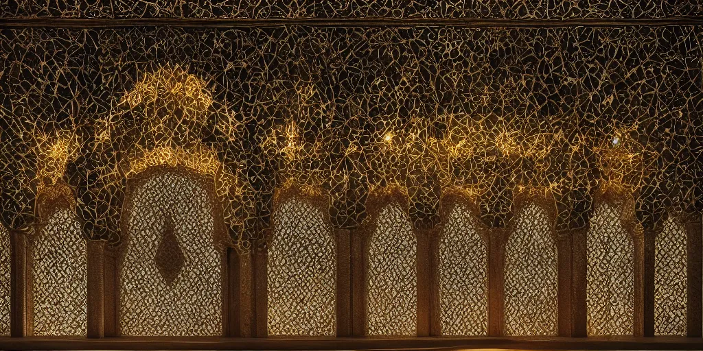 Prompt: an iwan with intricate muqarnas made of glowing obsidian and white marble, beautiful, volumetric lighting, cinematic lighting, golden hour