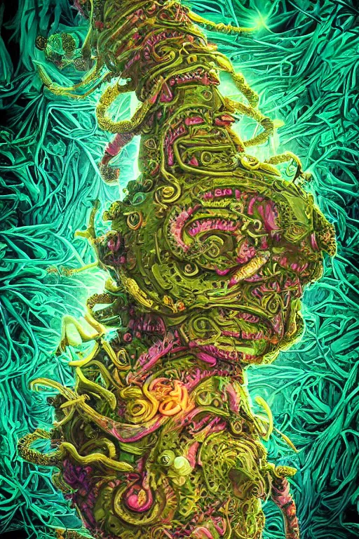 Image similar to creature sushi roots cactus elemental flush of force nature micro world fluo light deepdream a wild amazing steampunk baroque ancient alien creature, intricate detail, colorful digital painting radiating a glowing aura global illumination ray tracing