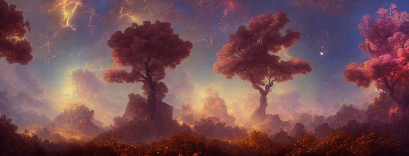 Image similar to a beautiful landscape painting of steampunk landscape, a junk nebula in the sky, galaxies visible, giant trees and colourful flowers, by jean - honore fragonard and don bluth and makoto shinkai, light rays, trending on artstation, octane render