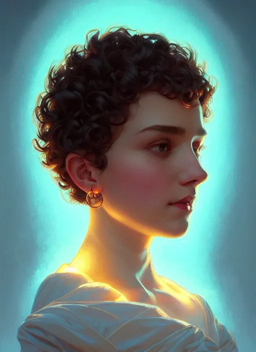 Image similar to symmetry!! portrait of a woman with short curly hair, round face, cottagecore!!, cyan glowing lights!! intricate, elegant, highly detailed, digital painting, artstation, concept art, smooth, sharp focus, illustration, art by artgerm and greg rutkowski and alphonse mucha