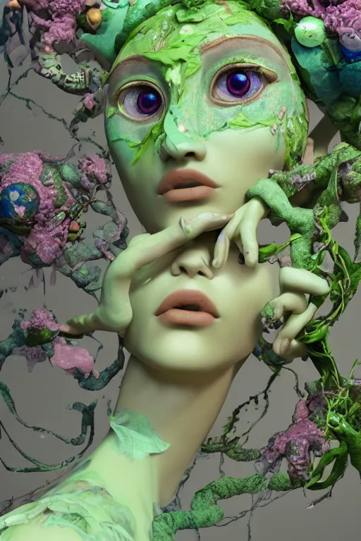 Prompt: nonbinary model, subject made of cracked clay, vine headdress, moss patches, 2 0 mm, with pastel yellow and green bubbles bursting out, melting into bulbasaur, delicate, beautiful, intricate, houdini sidefx, by jeremy mann and ilya kuvshinov, jamie hewlett and ayami kojima, bold 3 d