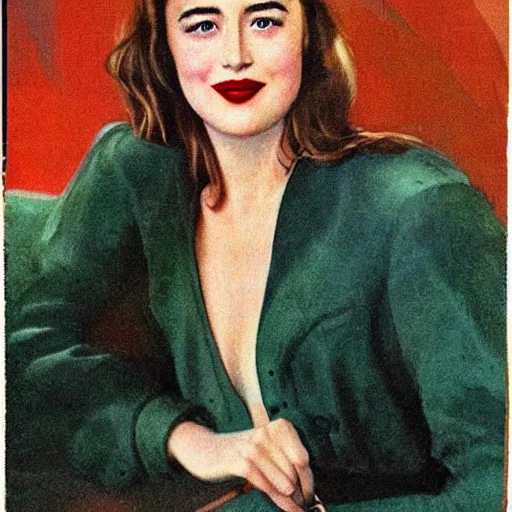 Prompt: “Dakota Johnson portrait, color vintage magazine illustration 1950”