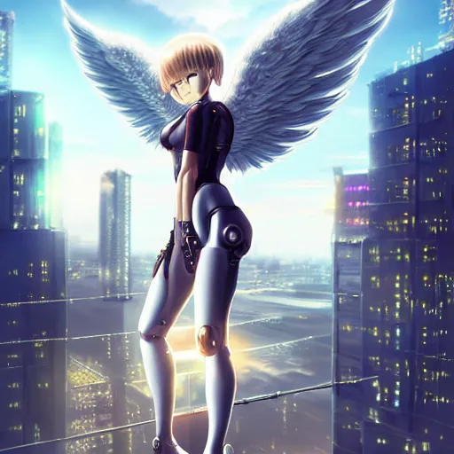 Image similar to cute endowed cyborg - angel girl with large angelic wings standing on the edge of a rooftop overlooking a floating city, left eye gold and right eye silver, biomechanical details, bionic cyborg implants, digital cyberpunk - anime art, full body shot, reflections, lens flare, wlop, ilya kuvshinov, artgerm, krenz cushart, greg rutkowski