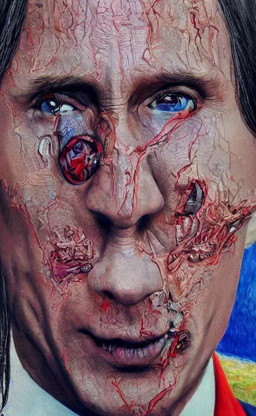 Prompt: trending art. amazing detailed intricate photorealistic painting of a vladimir putin. disturbing, twisted, dark, evil. vibrant colors. cute, lovely, funny.