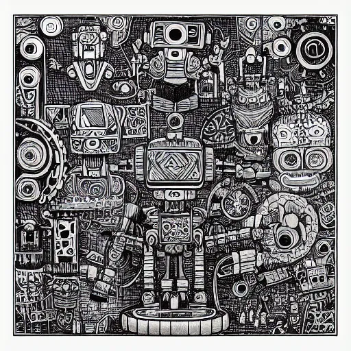 Prompt: “geometrically incomprehensible surreal order of robot factory, extremely high detail, photorealistic, intricate line drawings, dotart, album art in the style of James Jean”