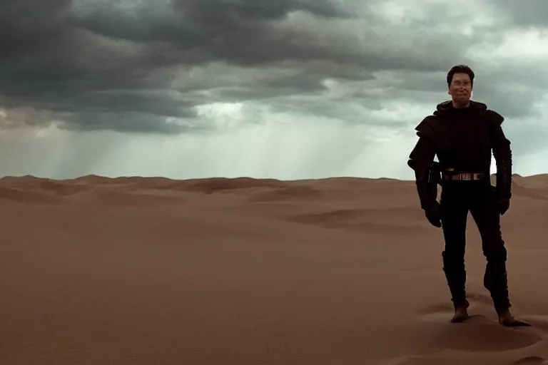 Image similar to a cinematic wide angle shot of a man in his early twenties, in the 2 0 2 1 movie dune, stormy weather, dry, film still, cinematic, dramatic lighting, by zack snyder