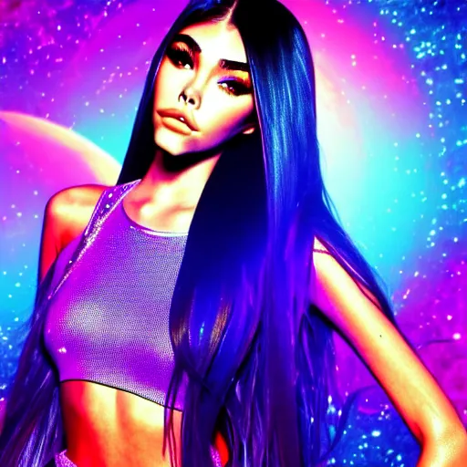 Image similar to madison beer a an intergalactic popstar dancing on a planet, render, blender render, unity render, 4 k wallpaper, art station trending, artstation 4 k coherent, coherent, 4 k, detailed, hyperdetailed, artifact - free, completely coherent, sharp, madison beer