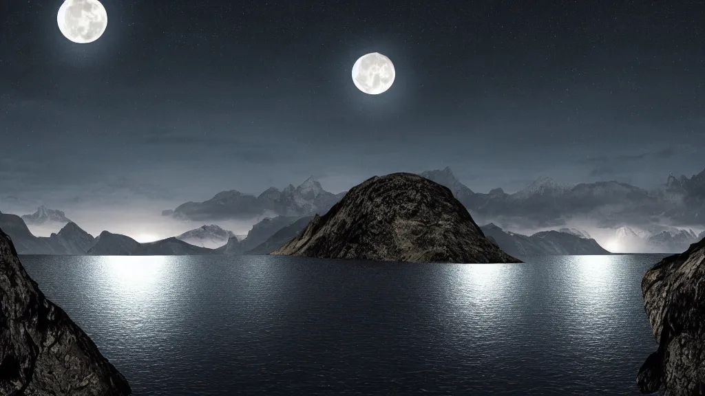 Image similar to a night view of the full moon above fjords, dark, very dark, blue, almost black, dark, dark, dark, dark, moon on the right, moon on the right, moon located on the right, the moon is on the right side, matte painting, concept art, 4 k