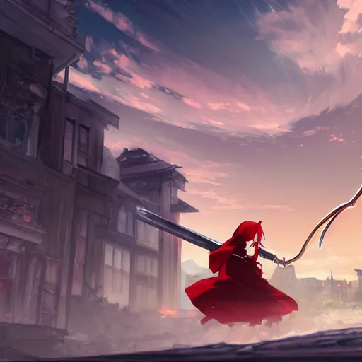 Prompt: advanced digital anime art, white haired girl with a red hooded cloak holding a 5 feet scythe fighting the Grimm reaper in a ruined city, filmic lighting , by Makoto Shinkai.