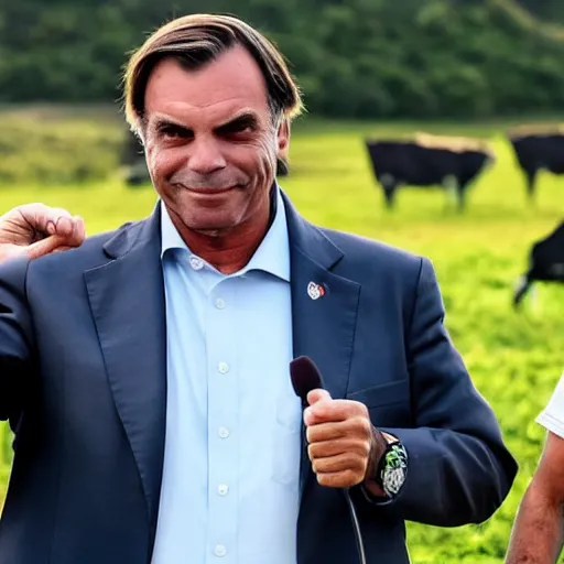 Image similar to bolsonaro holding hands with lula on a sunny farm field with visible cows and donkeys in the background , high definition, 4k
