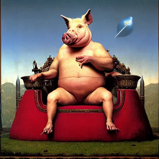 Prompt: a hyper realistic royal pig sits in his throne as a jester begs for his life moments before his demise, highly detailed, by zdzisław beksinski and norman rockwell and greg rutkowskiweta studio, and lucasfilm