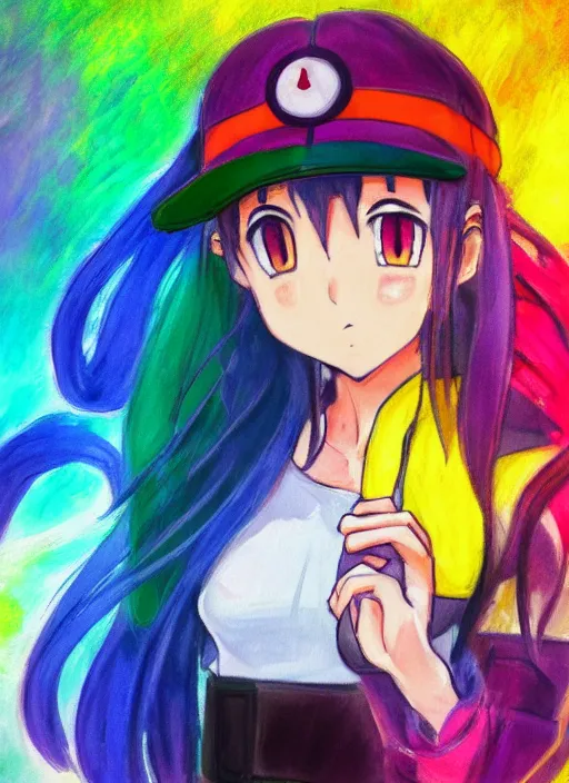 Image similar to a portrait of a female pokemon trainer, rainbow outfit, very anime in impressionist style, anime trending artwork, anime painter studio, by claude monet