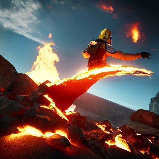 Prompt: prometheus skydiving midair action shot with the fire in one hand the other hand streched to prevent a collission. concept art octane render hyperrealistic unreal engine