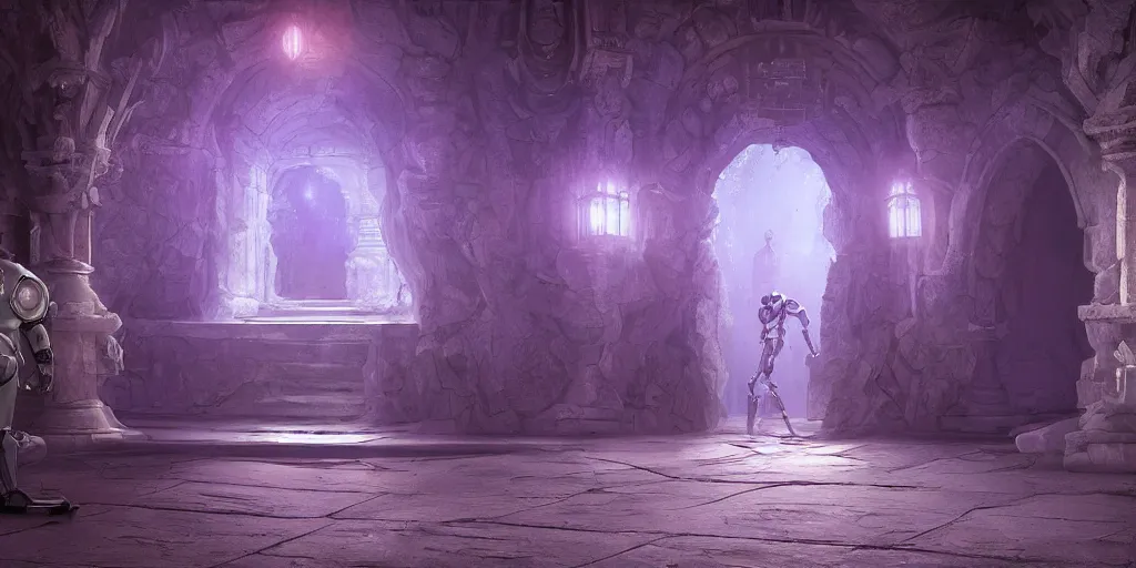 Prompt: a digital painting of a robot made of white stone, purple crystal inlays, by jonas de ro, keeping the entrance of a sanctum, cinematic lights, at dawn, unreal engine, attestation, deviantart