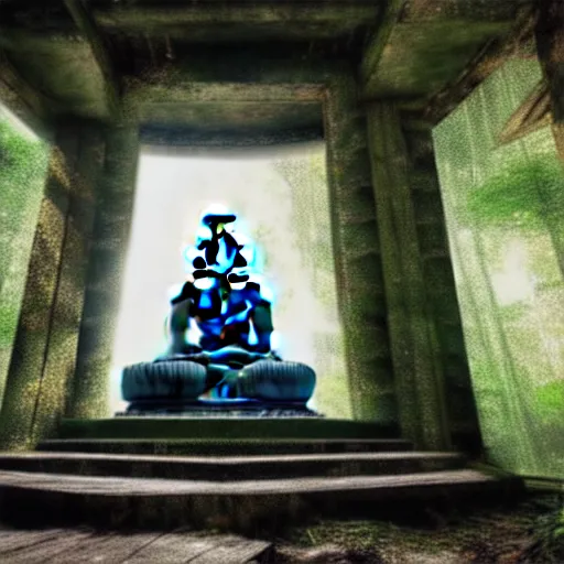 Image similar to a dramatic picture of a giant buddha in an abandoned jungle temple ruin, photorealistic, volumetric lights, highly detailed