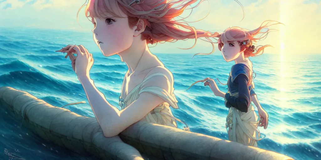 Image similar to the girl and the sea. anime, fantasy, smooth. early morning, digital painting, by hayao miyazaki and rossdraws and artgerm and chie yoshii and detmold and greg rutkowski and alphonse mucha. artstation. beautiful, high quality, stunning, intricate detailed environment. 8 k