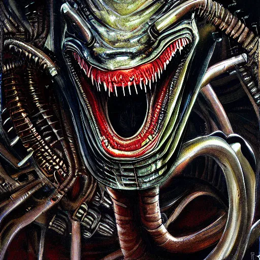 Image similar to godzilla xenomorph, hr giger painting