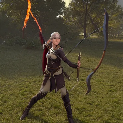 Image similar to elven archer, 3D, realistic, unreal engine, burning bow