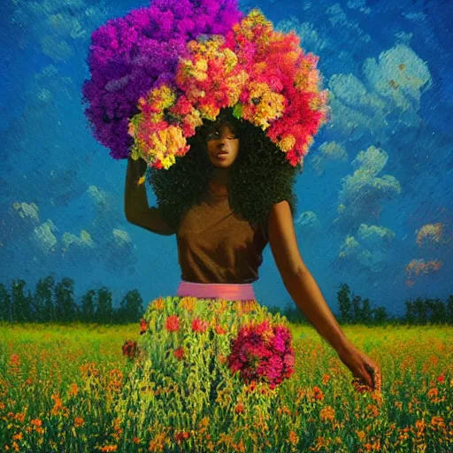 Prompt: afro made of flowers, full body, girl standing in a field with flowers, surreal photography, hills, big trees, sunrise dramatic light, impressionist painting, colorful clouds, digital painting, pointillism, artstation, simon stalenhag
