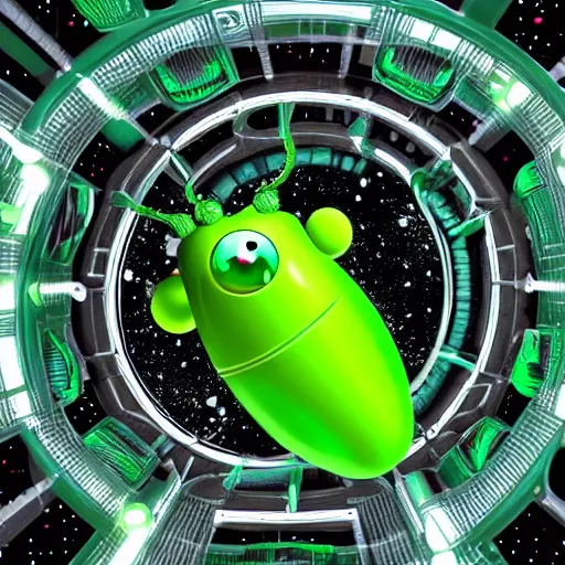 Image similar to a cute green caterpillar spinning a chrysalis inside a space station, sci-fi illustration