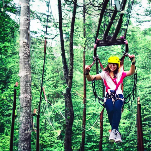 Prompt: cute girl riding zipline rollercoaster through the forest