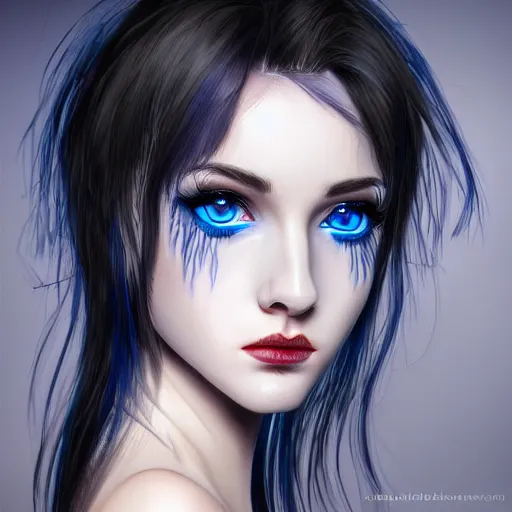 Image similar to photorealistic portrait of beautiful monster girl, black hair, blue eyes, glowing skin, detailed face, sharp focus