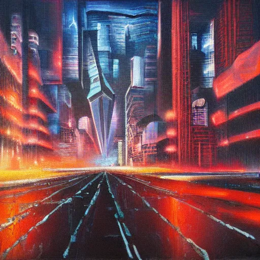 Prompt: a cyberpunk city after a nuclear war, oil painting