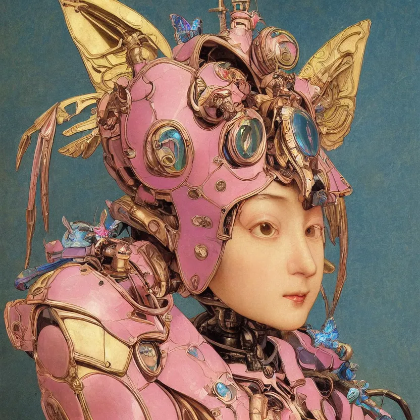 Prompt: a baroque neoclassicist close - up renaissance portrait of a blue and pink iridescent whimsical 1 8 0 0 s japanese mecha gundam butterfly witch. reflective detailed textures. glowing eyes, dark background. highly detailed fantasy science fiction painting by moebius, norman rockwell, frank frazetta, and syd mead. rich colors, high contrast. artstation