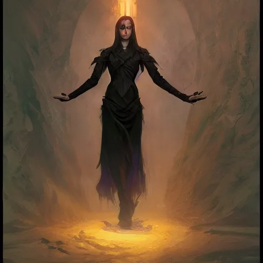 Prompt: stylized D&D wizard character, full body dressed in black clothes, dinamic body pose, mysterious, digital art by Donato Giancola and Greg Rutkowski and Julie Dillon and Alex Ross, atmospheric cinematic lighting, concept art, matte, sharp focus, stunning, beautiful, powerfull illustration, highly detailed award-winning masterpiece with incredible and beautiful details, trending on ArtStation