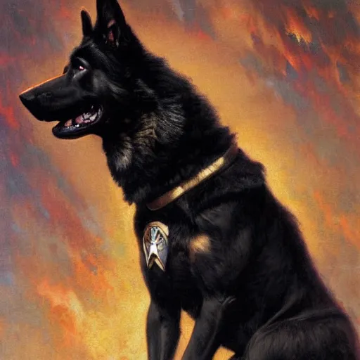 Image similar to a portrait of a manly and muscular black german shepherd dogman canine, star trek the next generation. highly detailed painting by gaston bussiere, craig mullins, j. c. leyendecker, furry