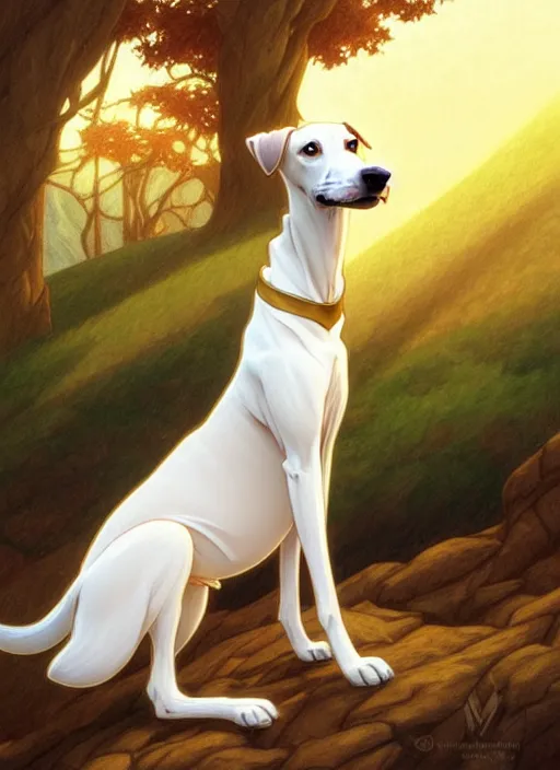 Image similar to cute white brown greyhound wearing golden cape, natural lighting, path traced, highly detailed, high quality, digital painting, by don bluth and ross tran and studio ghibli and alphonse mucha, artgerm