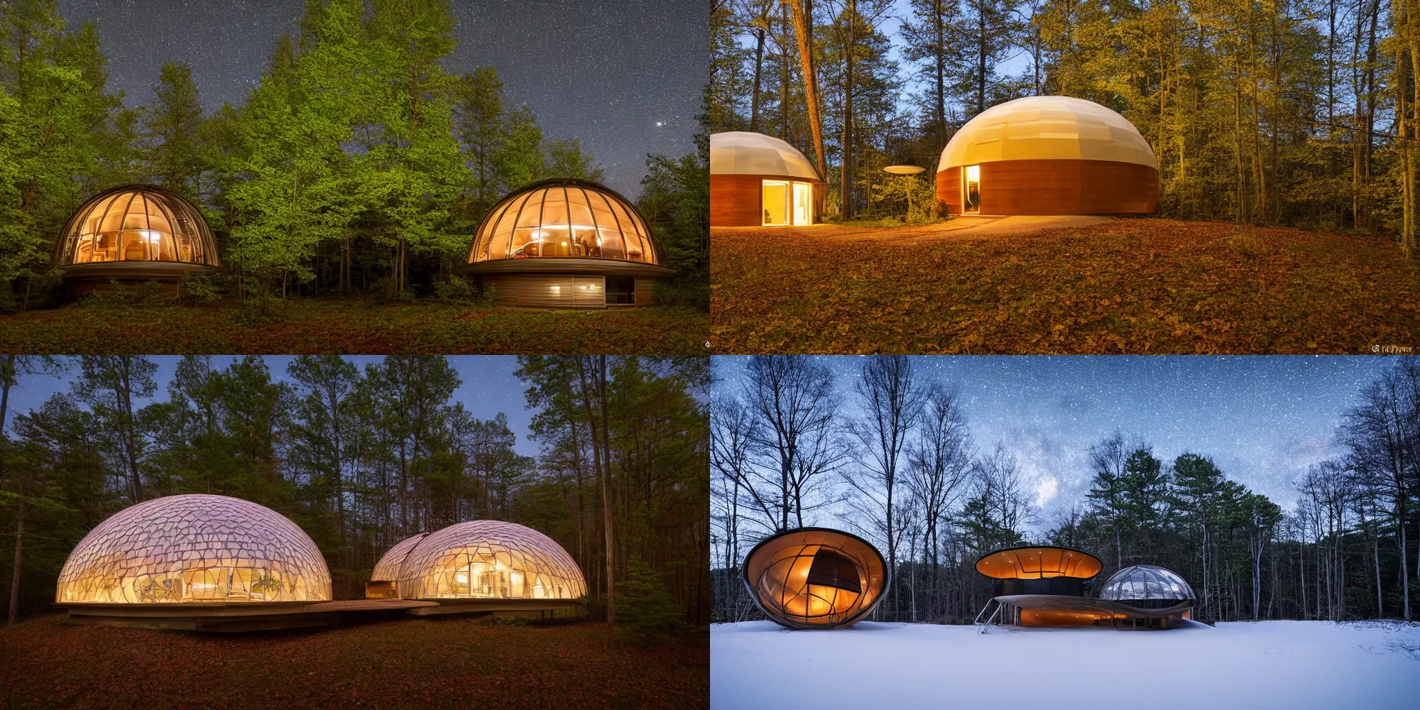 Prompt: 1 9 6 0's free - form dome architecture house tucked in a forest in rural new england, night photography, long exposure, real estate photography