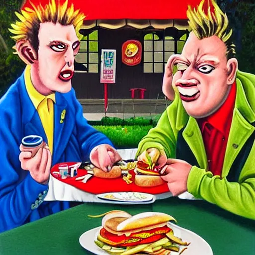 Prompt: beautiful lifelike painting of grave jones and johnny rotten eating burgers in france, hyperreal detailed facial features and uv lighting, art by ed roth and basil wolverton