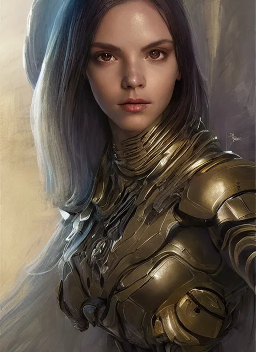 Image similar to a professional painting of a beautiful young female alien, clothed in ethereal armor, olive skin, long dark hair, beautiful bone structure, symmetrical facial features, intricate, elegant, digital painting, concept art, smooth, sharp focus, illustration, from Valerian and the City of a Thousand Planets, by Ruan Jia and Mandy Jurgens and Artgerm and William-Adolphe Bouguerea