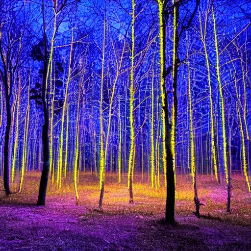 Prompt: Forest clearing at night with colored lights strung in branches